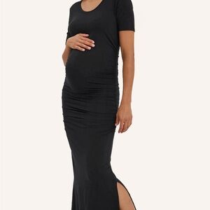 Nom Maternity Hugo Maxi Dress Black Scoop neck Short sleeves Hugging Ruching S
